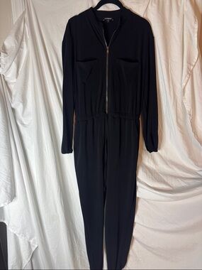 Express Black Long-Sleeve Zip-Front Jumpsuit with Elastic Waist